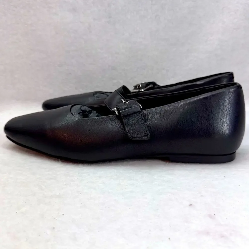 Topshop Cyndi Leather Square Toe Ballet Flats Shoes With Buckle Black size 7.5